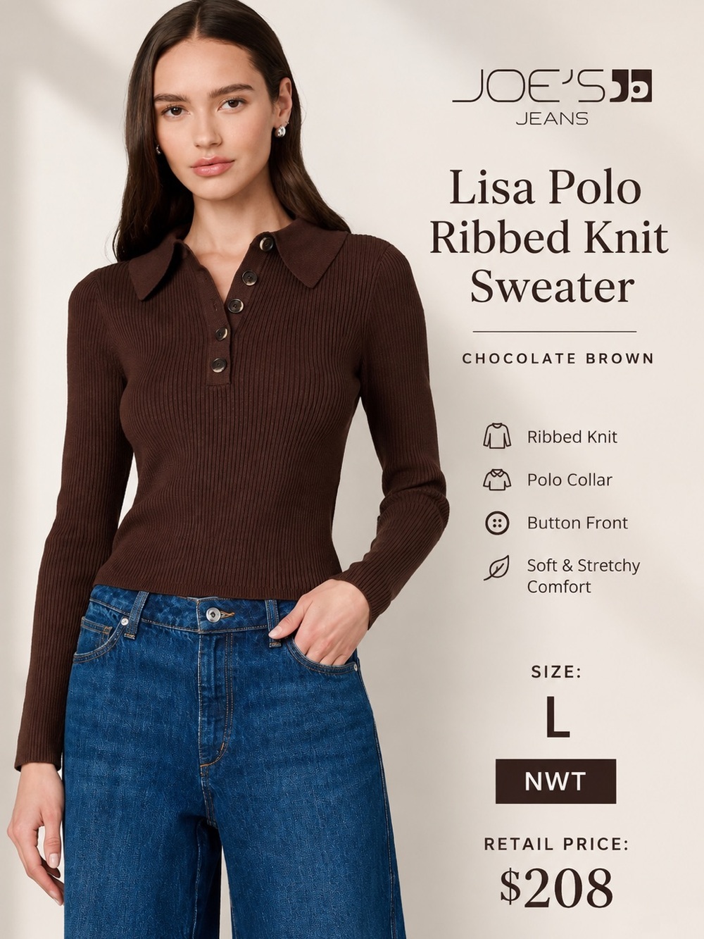 Joe's Jeans The Lisa Polo Ribbed Knit
Sweater Chocolate Brown Size L NWT